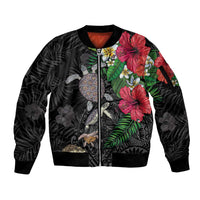Hawaiian Tropical Plants and Turtles Sleeve Zip Bomber Jacket Polynesian Art Motifs LT03 Unisex Black - Polynesian Pride