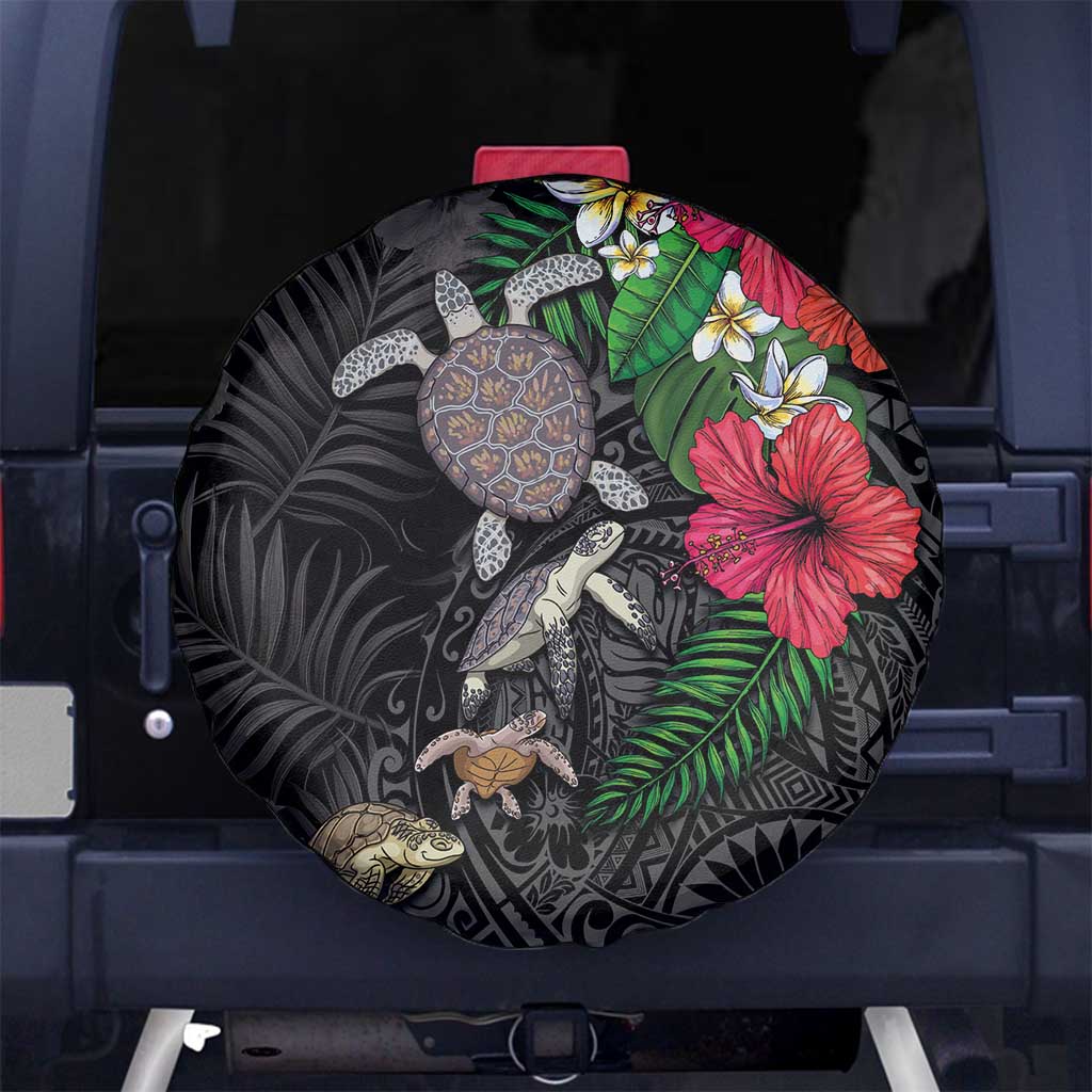 Hawaiian Tropical Plants and Turtles Spare Tire Cover Polynesian Art Motifs LT03 No hole Black - Polynesian Pride