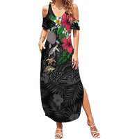 Hawaiian Tropical Plants and Turtles Summer Maxi Dress Polynesian Art Motifs LT03 Women Black - Polynesian Pride
