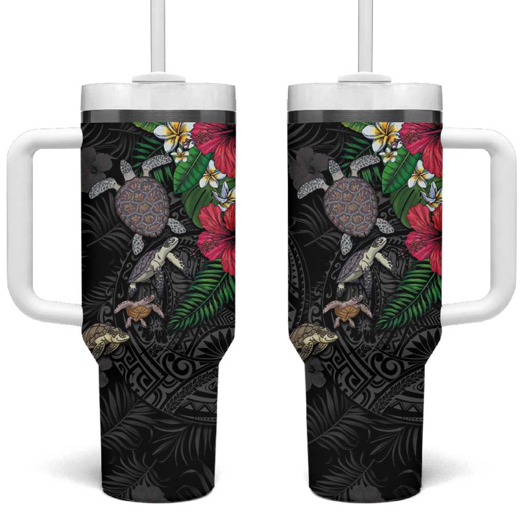 Hawaiian Tropical Plants and Turtles Tumbler With Handle Polynesian Art Motifs