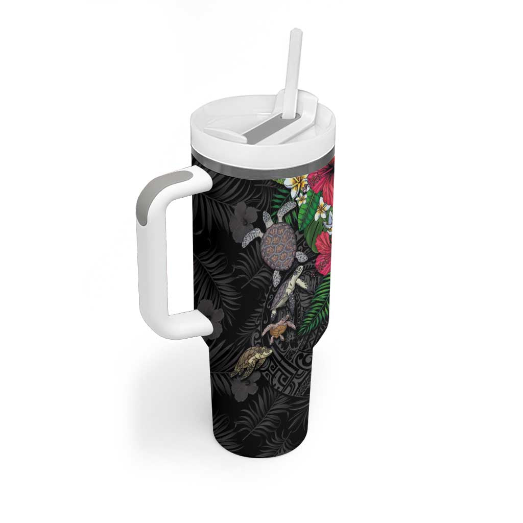 Hawaiian Tropical Plants and Turtles Tumbler With Handle Polynesian Art Motifs