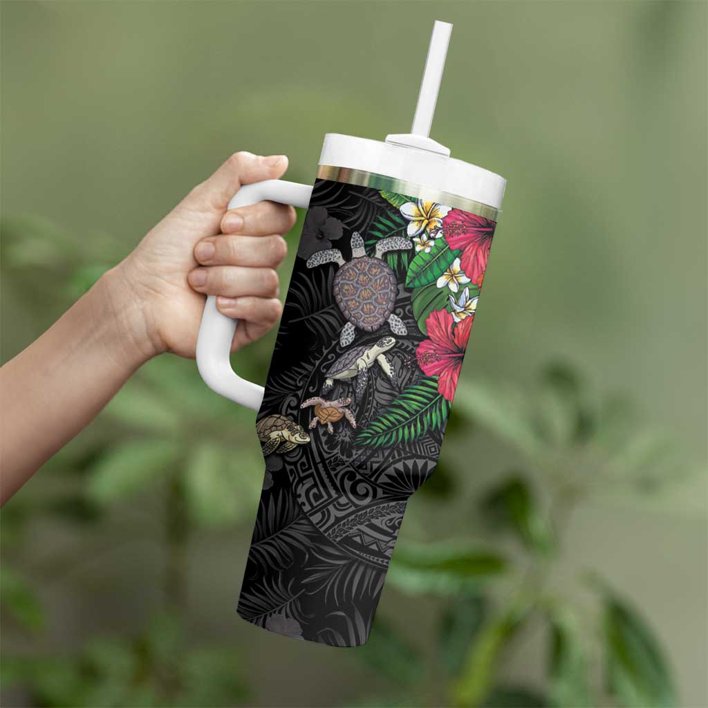 Hawaiian Tropical Plants and Turtles Tumbler With Handle Polynesian Art Motifs