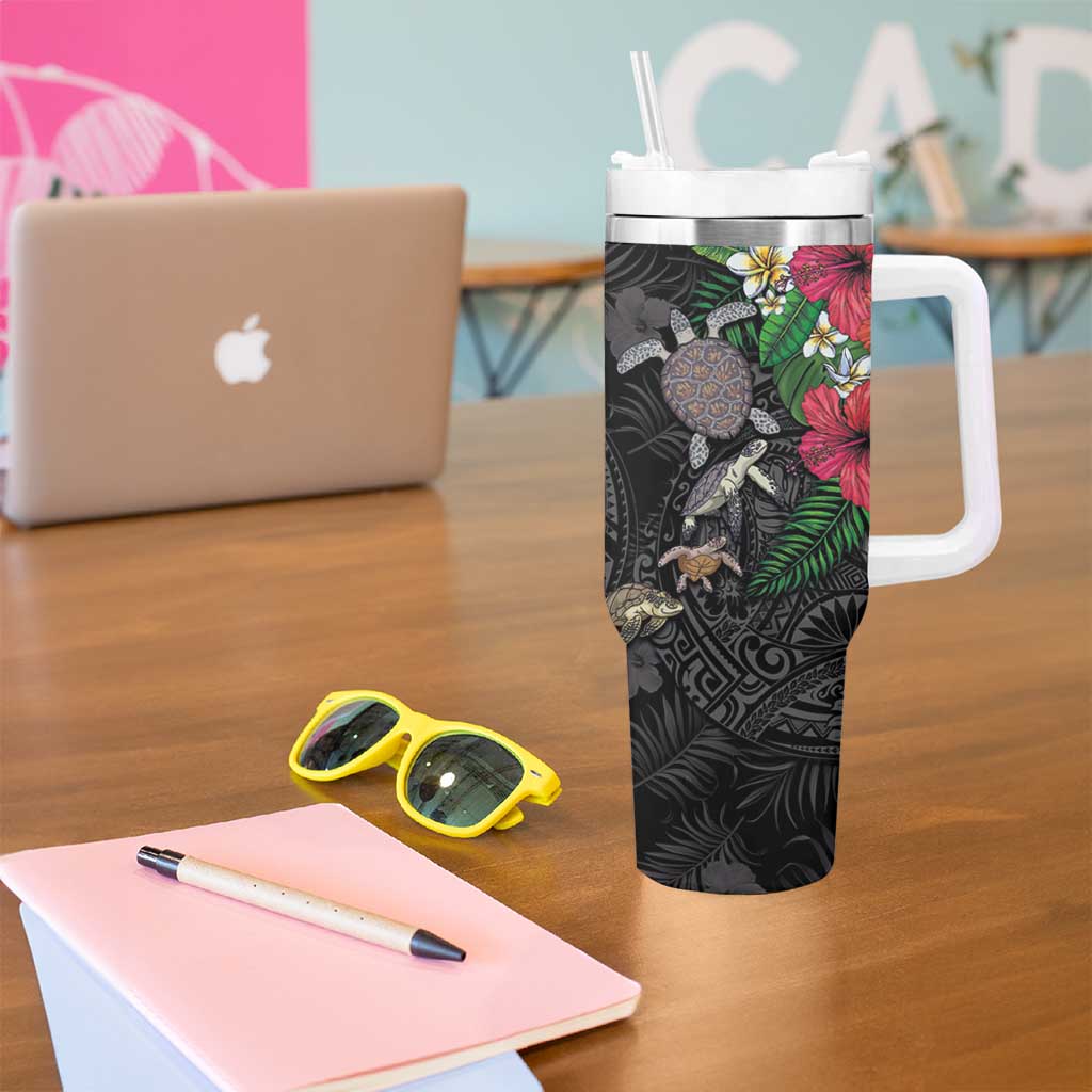 Hawaiian Tropical Plants and Turtles Tumbler With Handle Polynesian Art Motifs