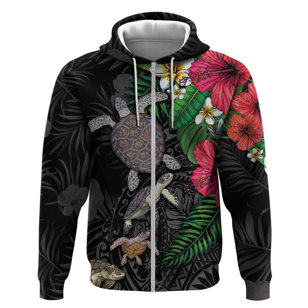 Hawaiian Tropical Plants and Turtles Zip Hoodie Polynesian Art Motifs