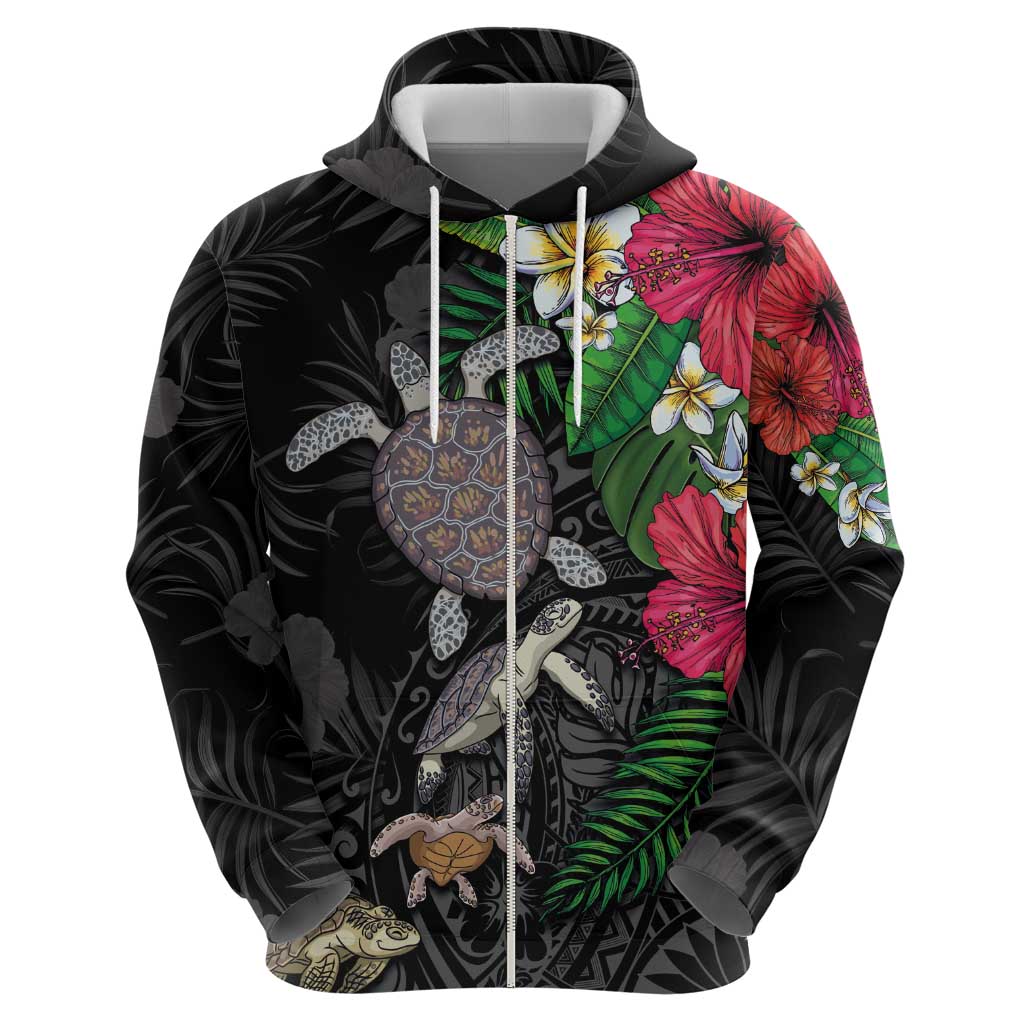 Hawaiian Tropical Plants and Turtles Zip Hoodie Polynesian Art Motifs