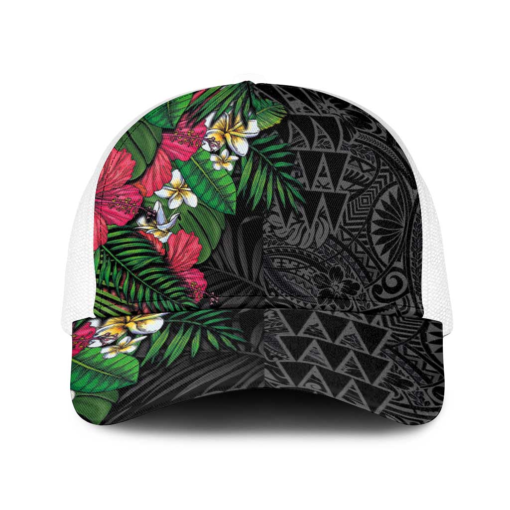 Hawaiian Tropical Plants Baseball Net Cap Kakau Tattoo and Polynesian Pattern Half Black Color