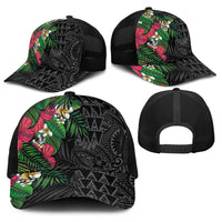 Hawaiian Tropical Plants Baseball Net Cap Kakau Tattoo and Polynesian Pattern Half Black Color