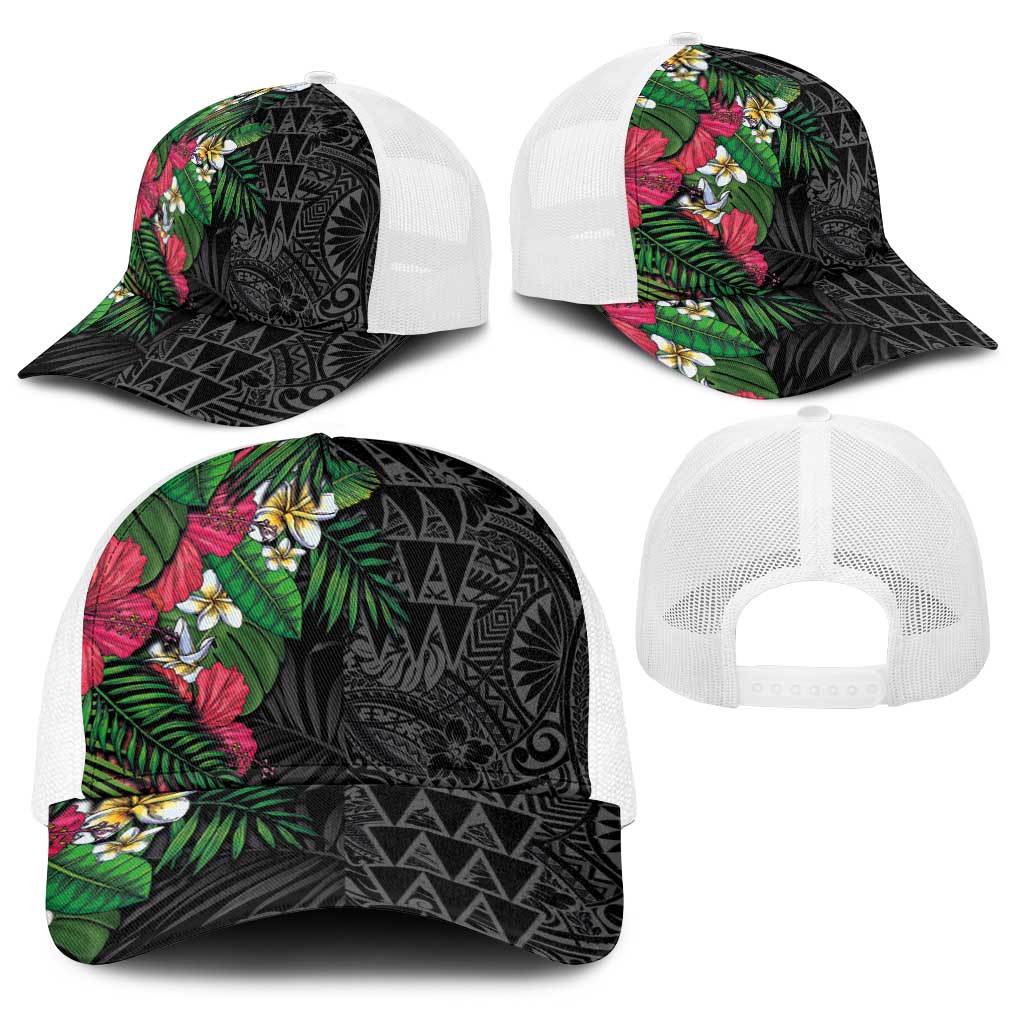 Hawaiian Tropical Plants Baseball Net Cap Kakau Tattoo and Polynesian Pattern Half Black Color