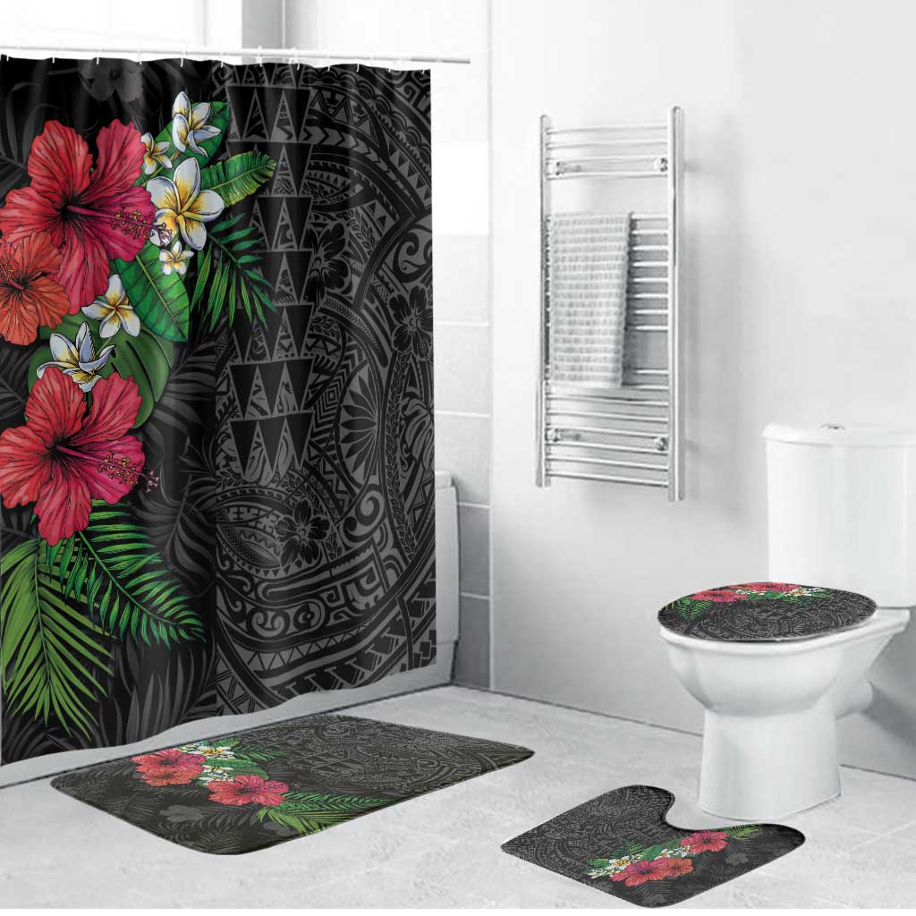Hawaiian Tropical Plants Bathroom Set Kakau Tattoo and Polynesian Pattern Half Black Color
