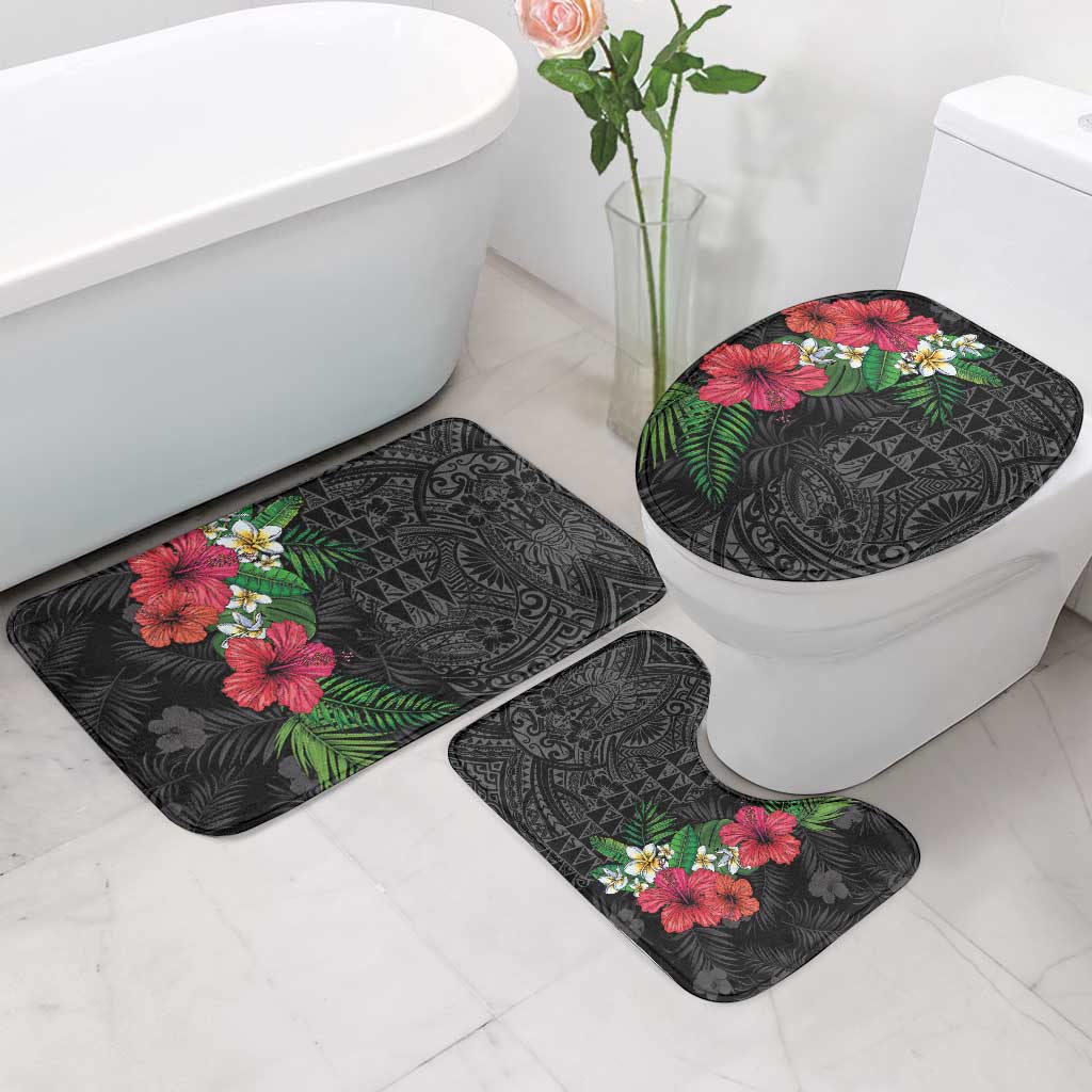 Hawaiian Tropical Plants Bathroom Set Kakau Tattoo and Polynesian Pattern Half Black Color