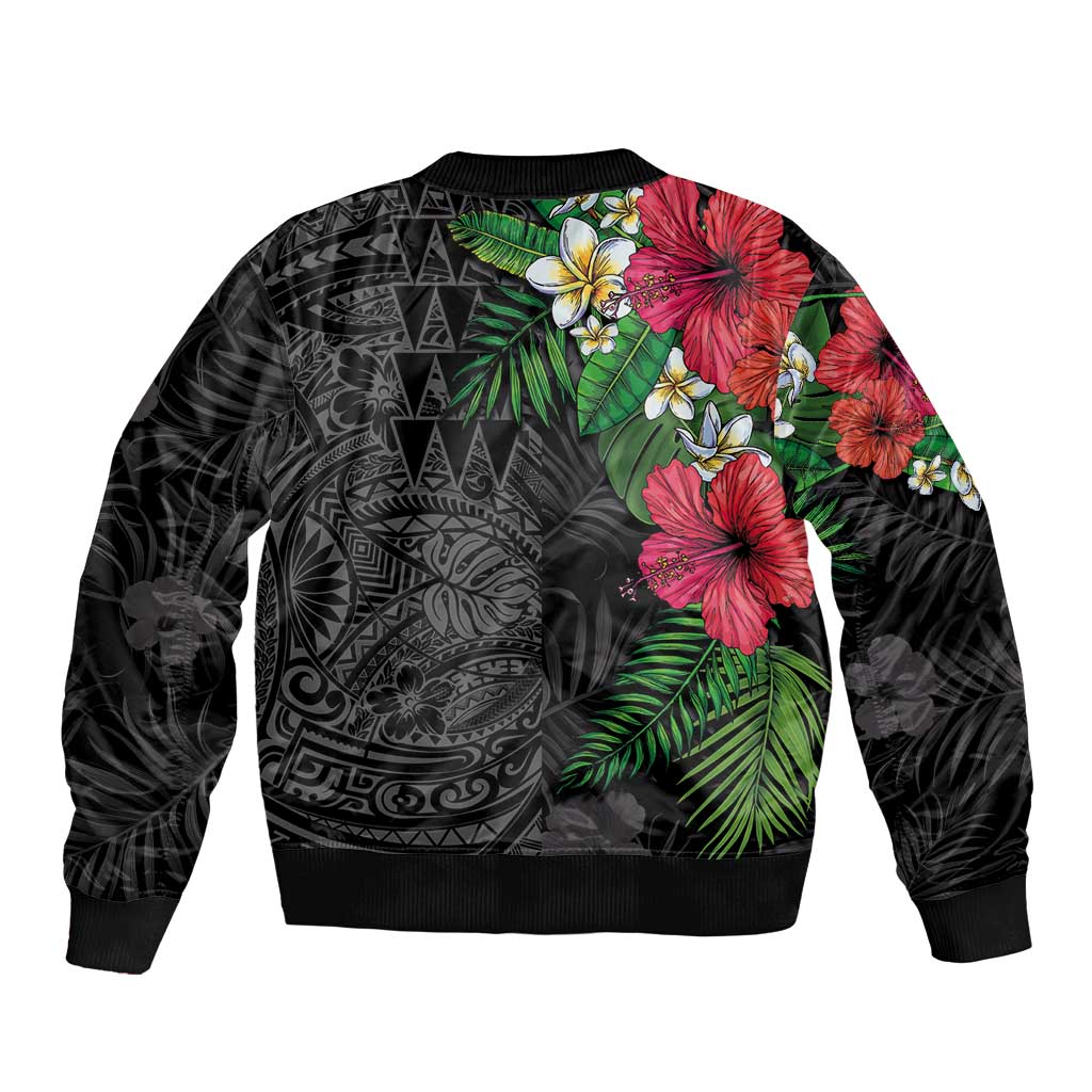 Hawaiian Tropical Plants Bomber Jacket Kakau Tattoo and Polynesian Pattern Half Black Color LT03 - Polynesian Pride