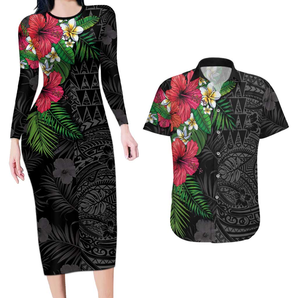 Hawaiian Tropical Plants Couples Matching Long Sleeve Bodycon Dress and Hawaiian Shirt Kakau Tattoo and Polynesian Pattern Half Black Color LT03 Black - Polynesian Pride