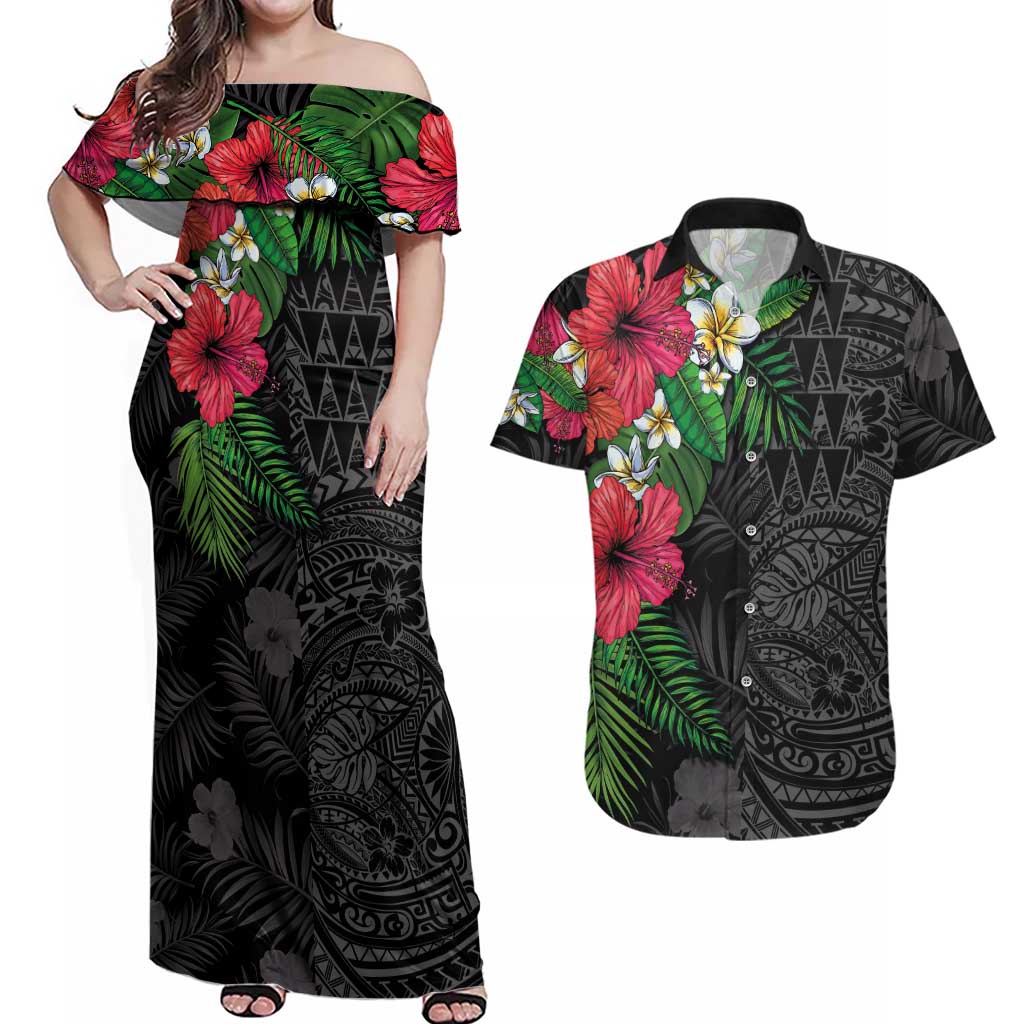 Hawaiian Tropical Plants Couples Matching Off Shoulder Maxi Dress and Hawaiian Shirt Kakau Tattoo and Polynesian Pattern Half Black Color