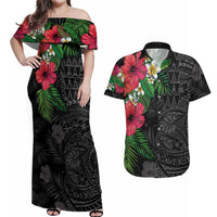 Hawaiian Tropical Plants Couples Matching Off Shoulder Maxi Dress and Hawaiian Shirt Kakau Tattoo and Polynesian Pattern Half Black Color