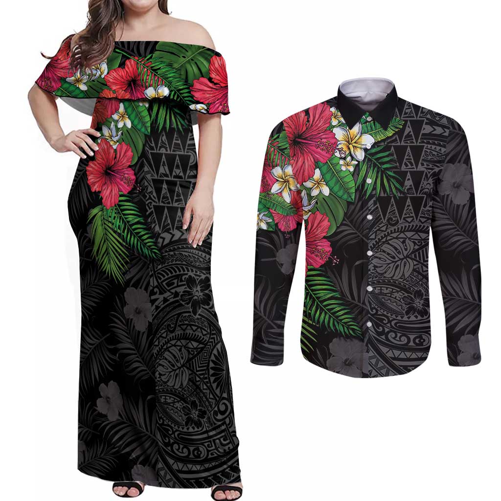 Hawaiian Tropical Plants Couples Matching Off Shoulder Maxi Dress and Long Sleeve Button Shirt Kakau Tattoo and Polynesian Pattern Half Black Color LT03 Black - Polynesian Pride