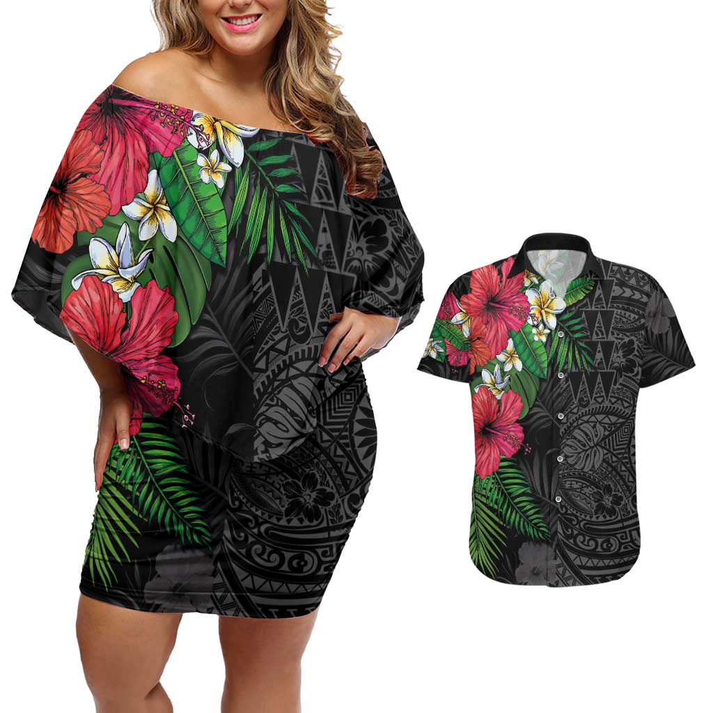 Hawaiian Tropical Plants Couples Matching Off Shoulder Short Dress and Hawaiian Shirt Kakau Tattoo and Polynesian Pattern Half Black Color