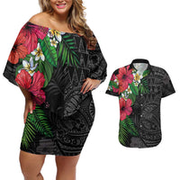 Hawaiian Tropical Plants Couples Matching Off Shoulder Short Dress and Hawaiian Shirt Kakau Tattoo and Polynesian Pattern Half Black Color