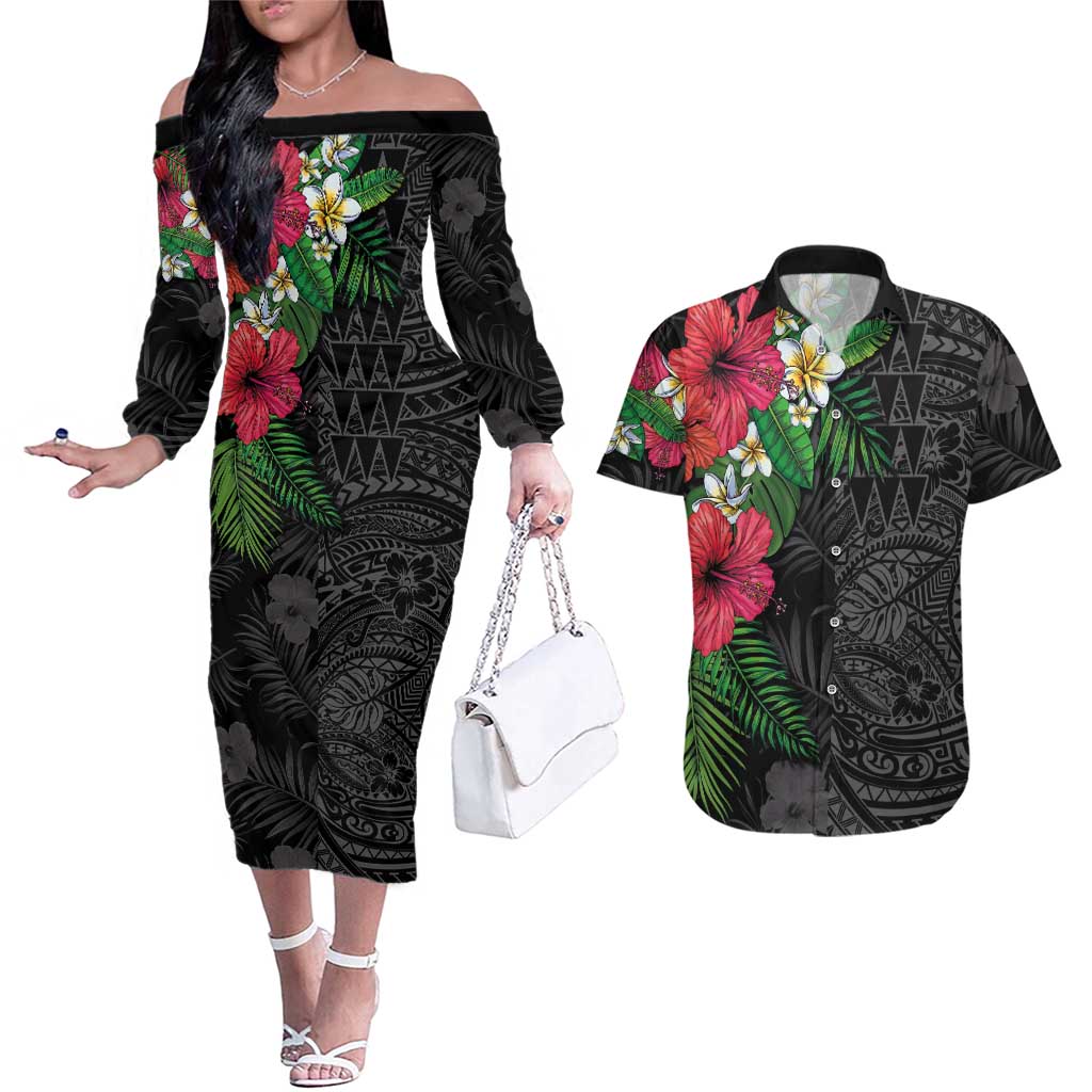 Hawaiian Tropical Plants Couples Matching Off The Shoulder Long Sleeve Dress and Hawaiian Shirt Kakau Tattoo and Polynesian Pattern Half Black Color LT03 Black - Polynesian Pride