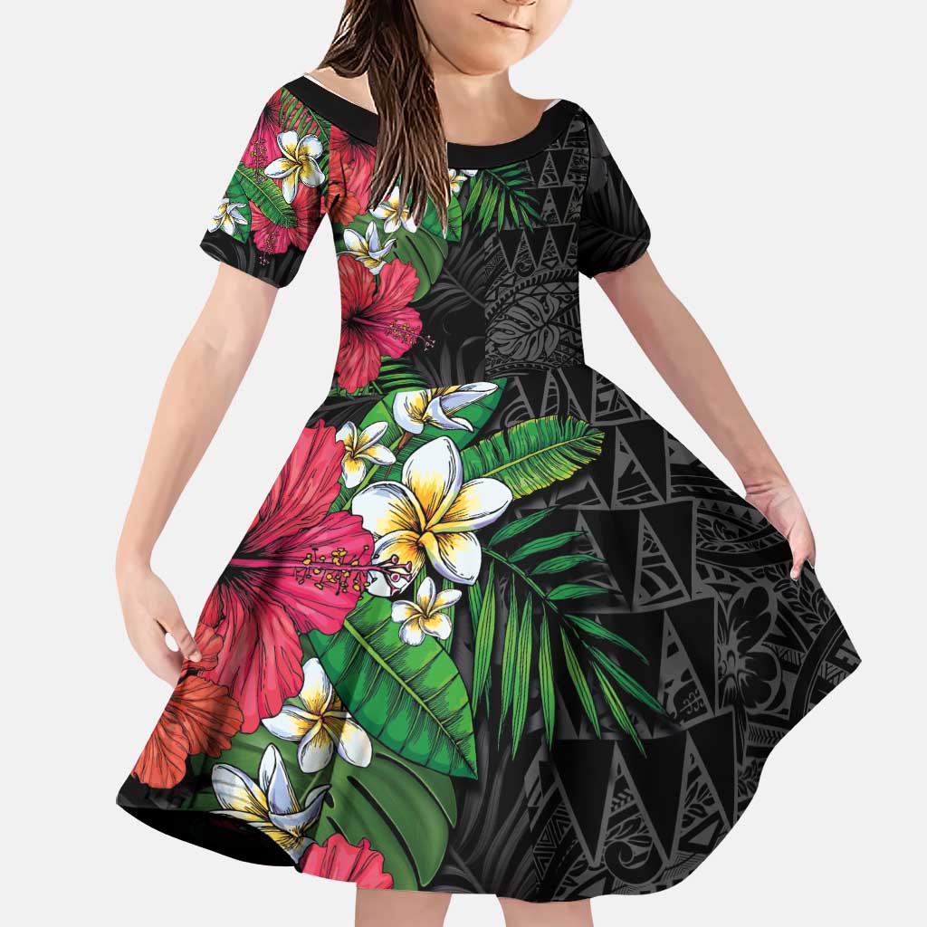 Hawaiian Tropical Plants Family Matching Off Shoulder Maxi Dress and Hawaiian Shirt Kakau Tattoo and Polynesian Pattern Half Black Color
