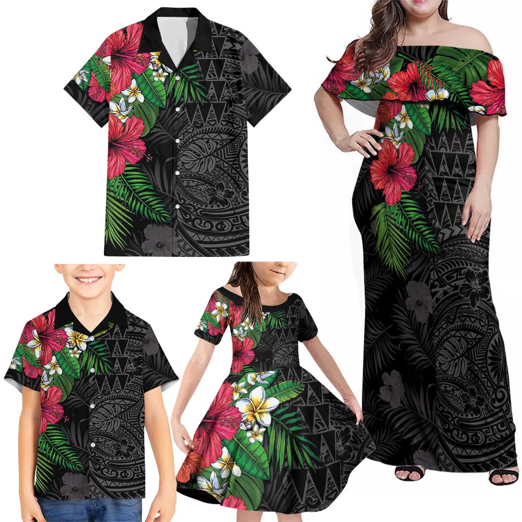 Hawaiian Tropical Plants Family Matching Off Shoulder Maxi Dress and Hawaiian Shirt Kakau Tattoo and Polynesian Pattern Half Black Color