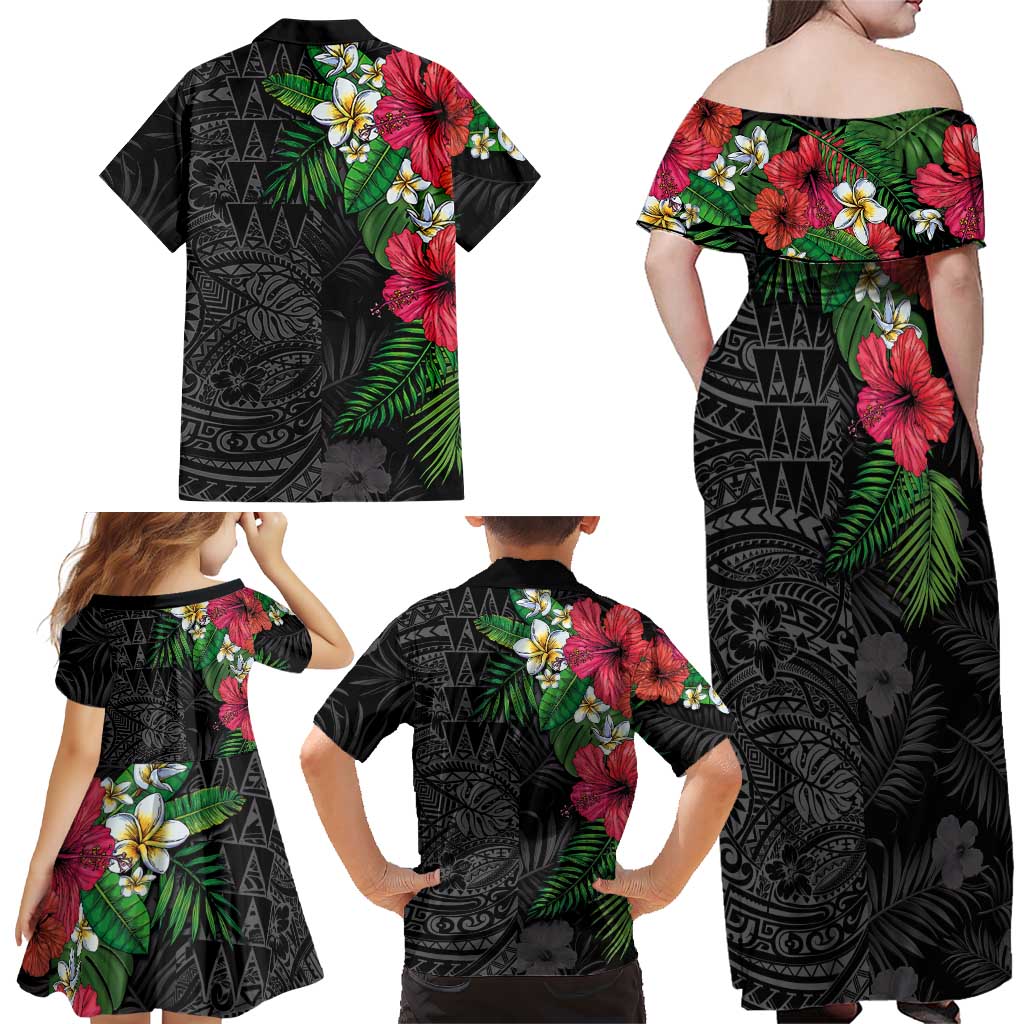Hawaiian Tropical Plants Family Matching Off Shoulder Maxi Dress and Hawaiian Shirt Kakau Tattoo and Polynesian Pattern Half Black Color