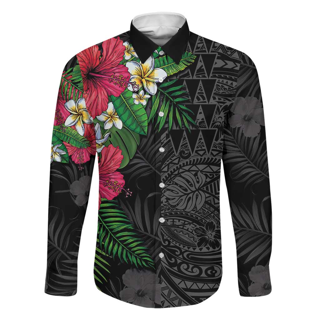 Hawaiian Tropical Plants Family Matching Off Shoulder Maxi Dress and Hawaiian Shirt Kakau Tattoo and Polynesian Pattern Half Black Color