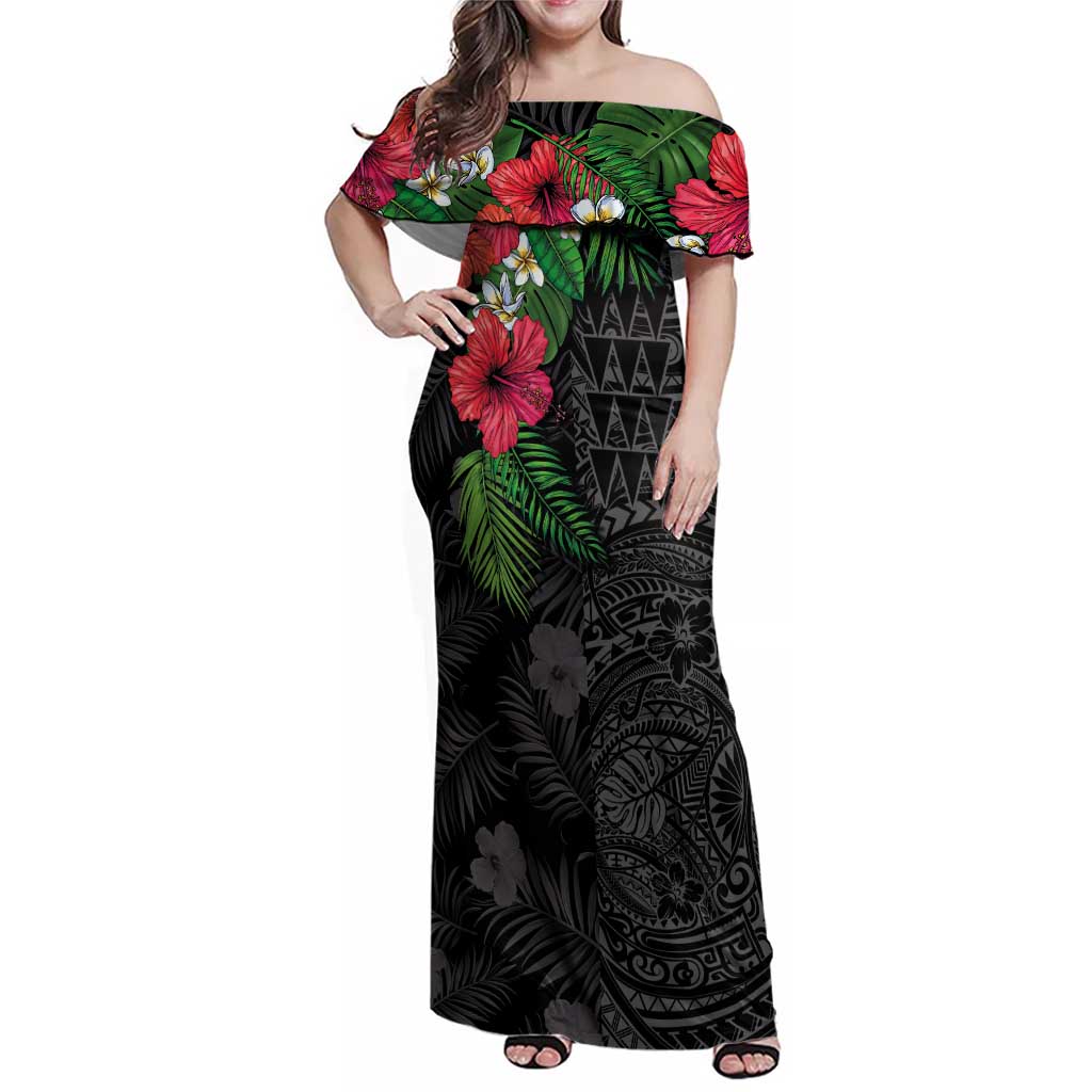 Hawaiian Tropical Plants Family Matching Off Shoulder Maxi Dress and Hawaiian Shirt Kakau Tattoo and Polynesian Pattern Half Black Color