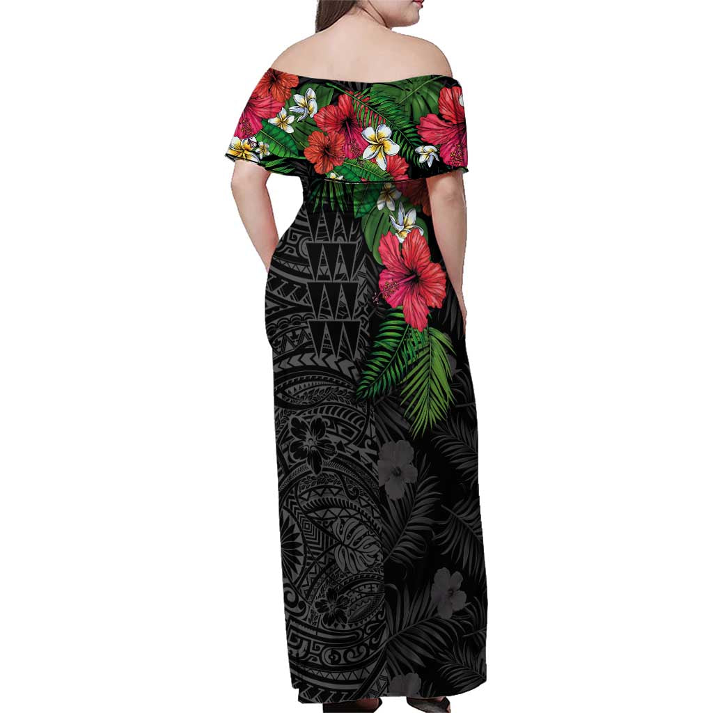 Hawaiian Tropical Plants Family Matching Off Shoulder Maxi Dress and Hawaiian Shirt Kakau Tattoo and Polynesian Pattern Half Black Color