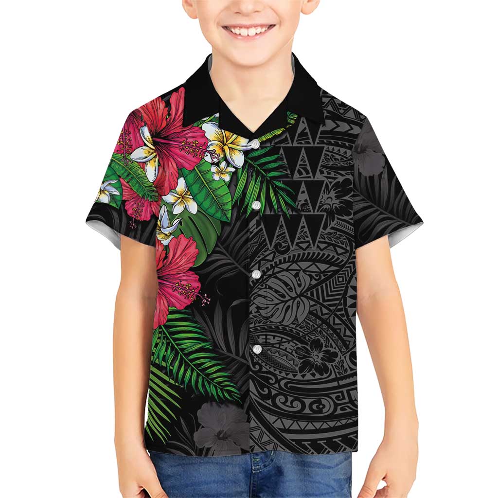 Hawaiian Tropical Plants Family Matching Off Shoulder Maxi Dress and Hawaiian Shirt Kakau Tattoo and Polynesian Pattern Half Black Color