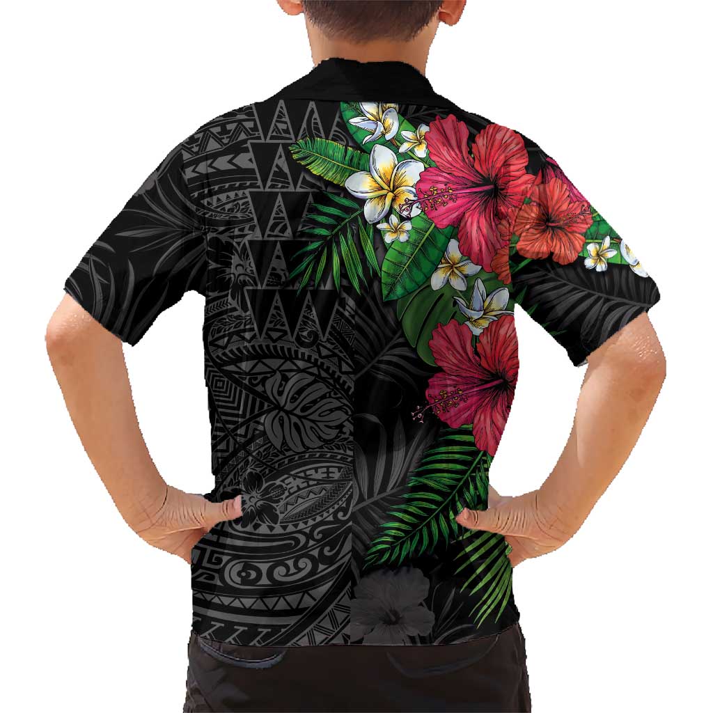 Hawaiian Tropical Plants Family Matching Puletasi and Hawaiian Shirt Kakau Tattoo and Polynesian Pattern Half Black Color