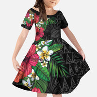 Hawaiian Tropical Plants Family Matching Puletasi and Hawaiian Shirt Kakau Tattoo and Polynesian Pattern Half Black Color