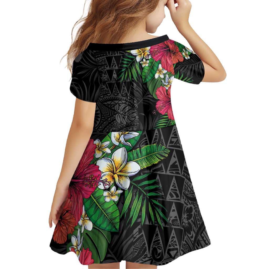 Hawaiian Tropical Plants Family Matching Puletasi and Hawaiian Shirt Kakau Tattoo and Polynesian Pattern Half Black Color