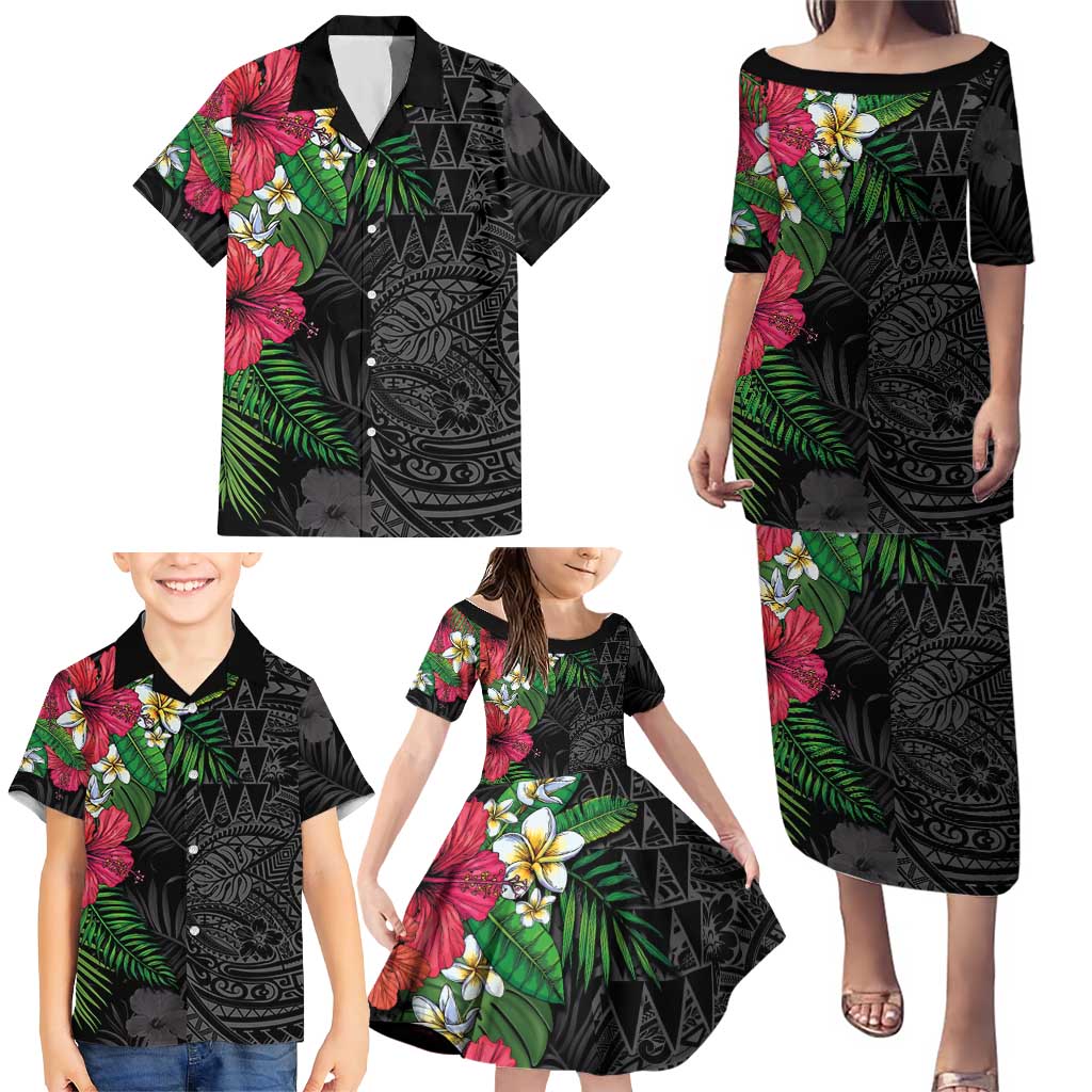 Hawaiian Tropical Plants Family Matching Puletasi and Hawaiian Shirt Kakau Tattoo and Polynesian Pattern Half Black Color