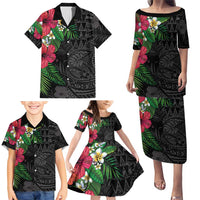 Hawaiian Tropical Plants Family Matching Puletasi and Hawaiian Shirt Kakau Tattoo and Polynesian Pattern Half Black Color