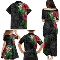 Hawaiian Tropical Plants Family Matching Puletasi and Hawaiian Shirt Kakau Tattoo and Polynesian Pattern Half Black Color