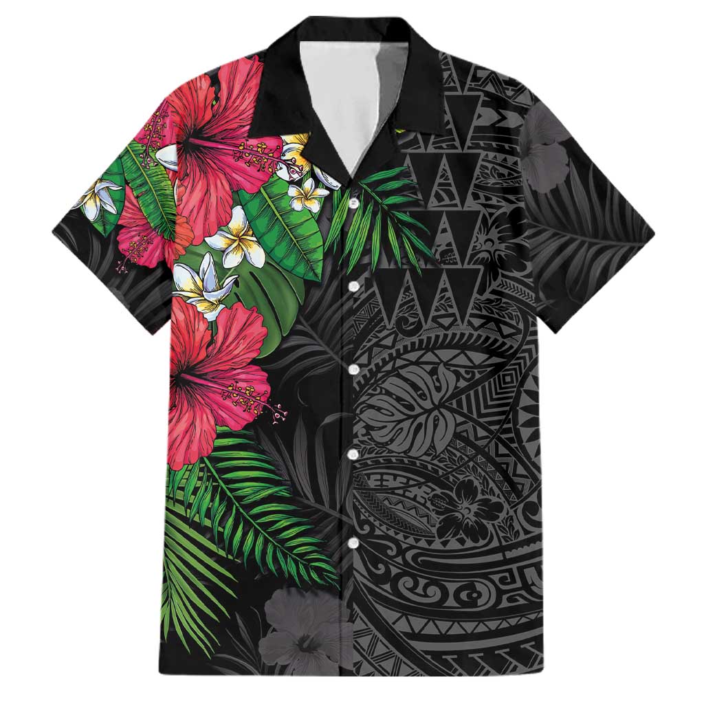 Hawaiian Tropical Plants Family Matching Puletasi and Hawaiian Shirt Kakau Tattoo and Polynesian Pattern Half Black Color
