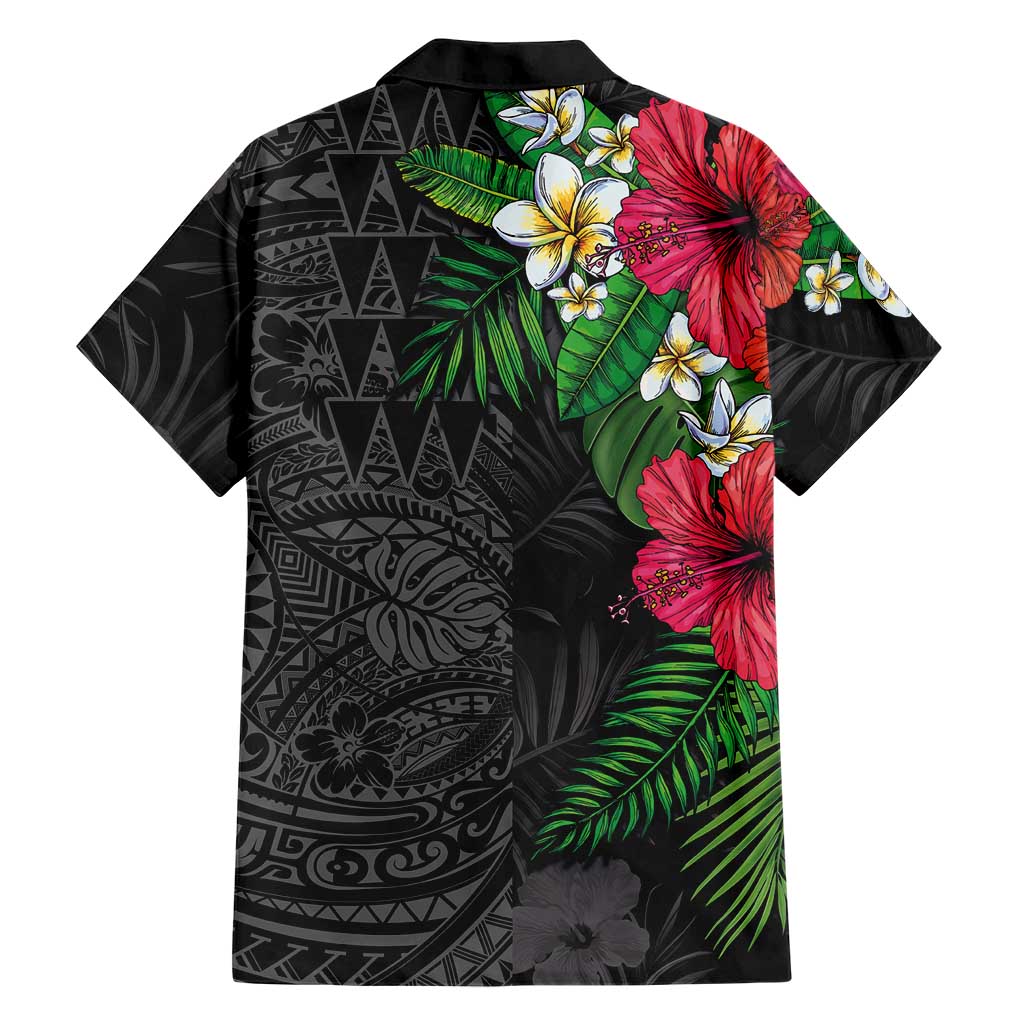 Hawaiian Tropical Plants Family Matching Puletasi and Hawaiian Shirt Kakau Tattoo and Polynesian Pattern Half Black Color
