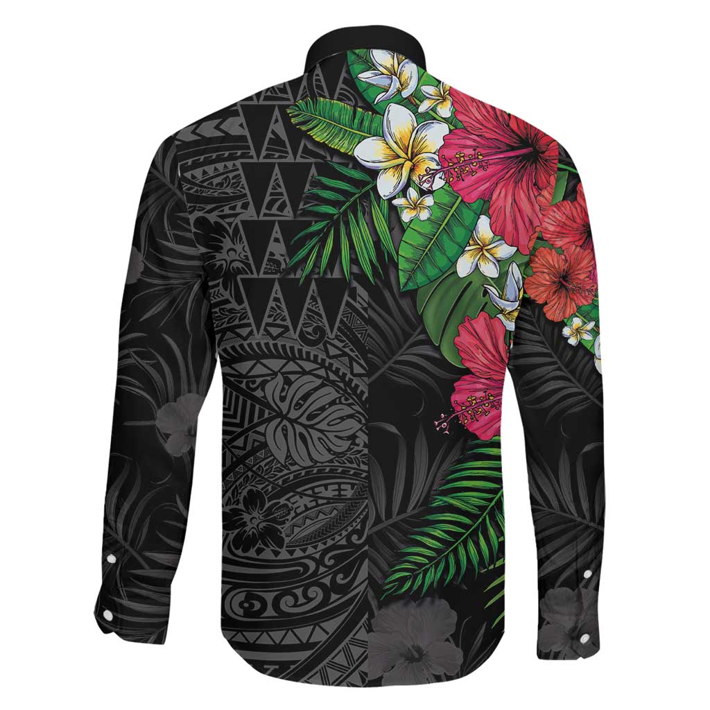 Hawaiian Tropical Plants Family Matching Puletasi and Hawaiian Shirt Kakau Tattoo and Polynesian Pattern Half Black Color