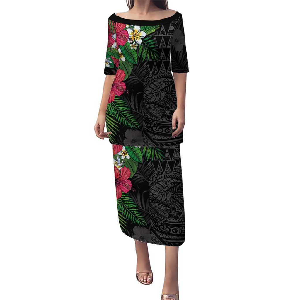 Hawaiian Tropical Plants Family Matching Puletasi and Hawaiian Shirt Kakau Tattoo and Polynesian Pattern Half Black Color