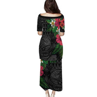 Hawaiian Tropical Plants Family Matching Puletasi and Hawaiian Shirt Kakau Tattoo and Polynesian Pattern Half Black Color