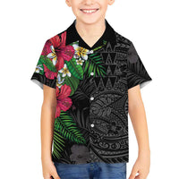 Hawaiian Tropical Plants Family Matching Puletasi and Hawaiian Shirt Kakau Tattoo and Polynesian Pattern Half Black Color