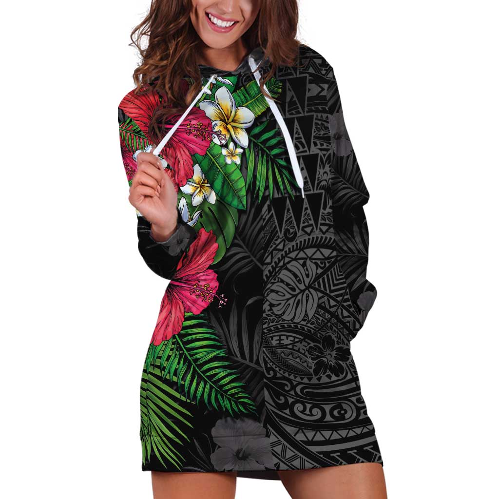 Hawaiian Tropical Plants Hoodie Dress Kakau Tattoo and Polynesian Pattern Half Black Color LT03 Black - Polynesian Pride
