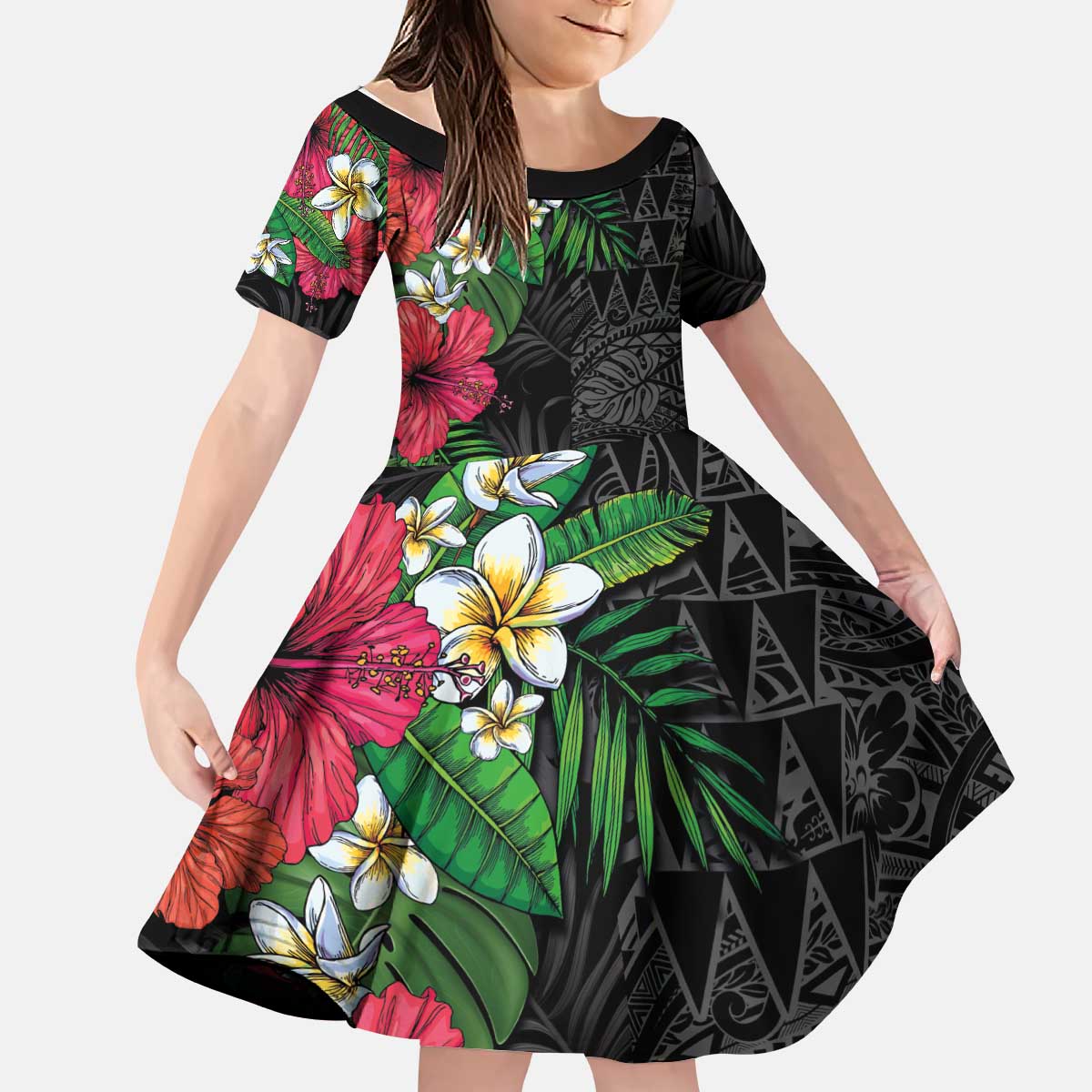 Hawaiian Tropical Plants Kid Short Sleeve Dress Kakau Tattoo and Polynesian Pattern Half Black Color LT03 KID Black - Polynesian Pride