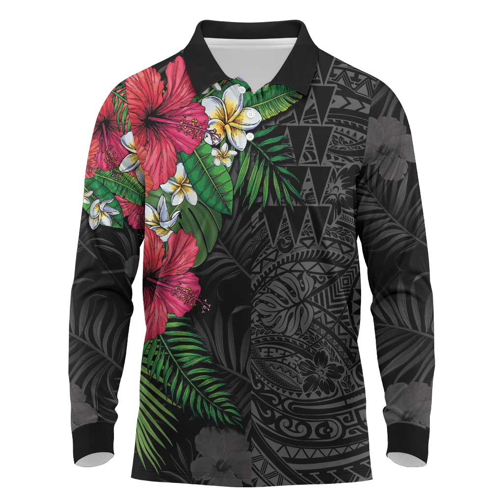 Hawaiian Tropical Plants Long Sleeve Polo Shirt Kakau Tattoo and Polynesian Pattern Half Black Color