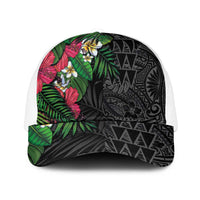Hawaiian Tropical Plants Mesh Trucker Cap Kakau Tattoo and Polynesian Pattern Half Black Color