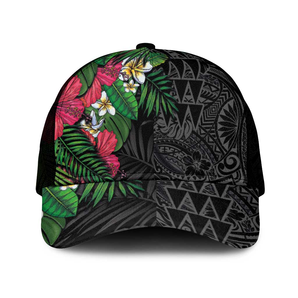 Hawaiian Tropical Plants Mesh Trucker Cap Kakau Tattoo and Polynesian Pattern Half Black Color