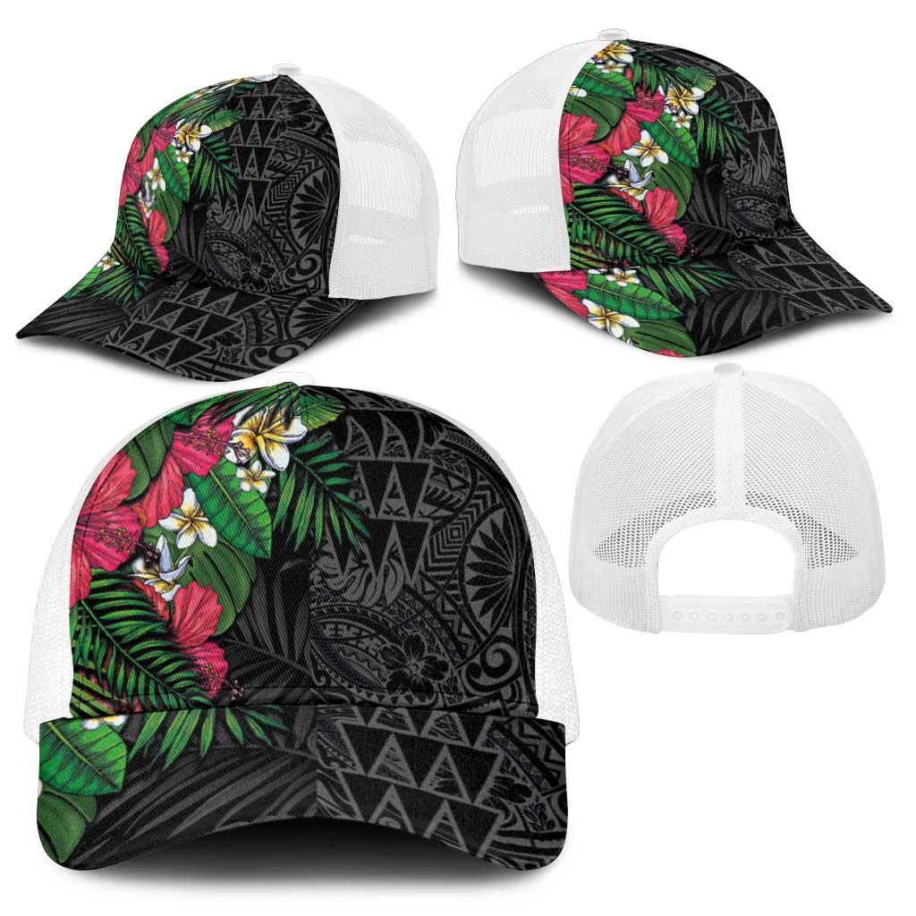 Hawaiian Tropical Plants Mesh Trucker Cap Kakau Tattoo and Polynesian Pattern Half Black Color