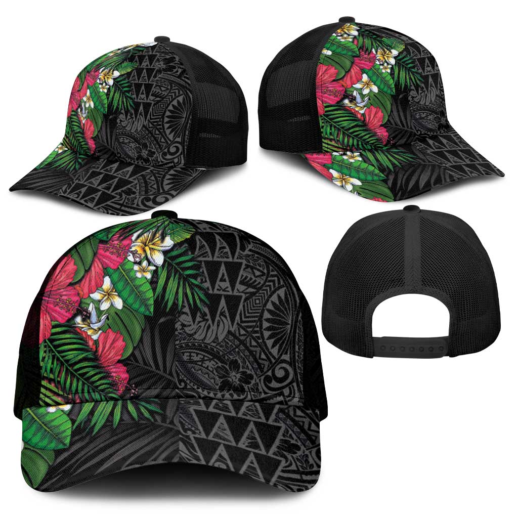 Hawaiian Tropical Plants Mesh Trucker Cap Kakau Tattoo and Polynesian Pattern Half Black Color