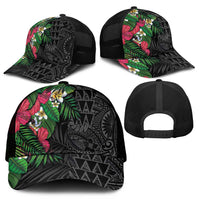Hawaiian Tropical Plants Mesh Trucker Cap Kakau Tattoo and Polynesian Pattern Half Black Color