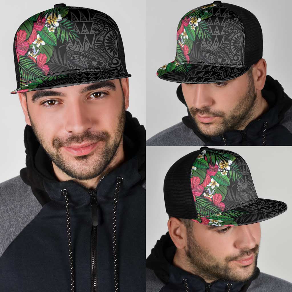 Hawaiian Tropical Plants Mesh Trucker Cap Kakau Tattoo and Polynesian Pattern Half Black Color